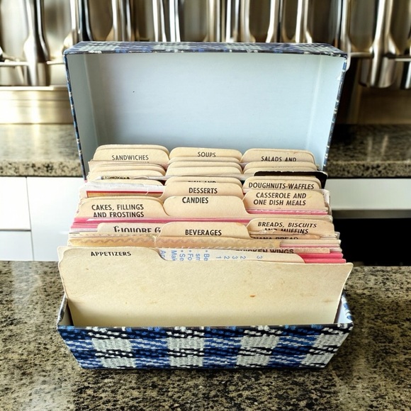 Blue Plaid Metal Recipe Card Box Dividers Retro Style. Loaded with recipes. - Picture 2 of 5